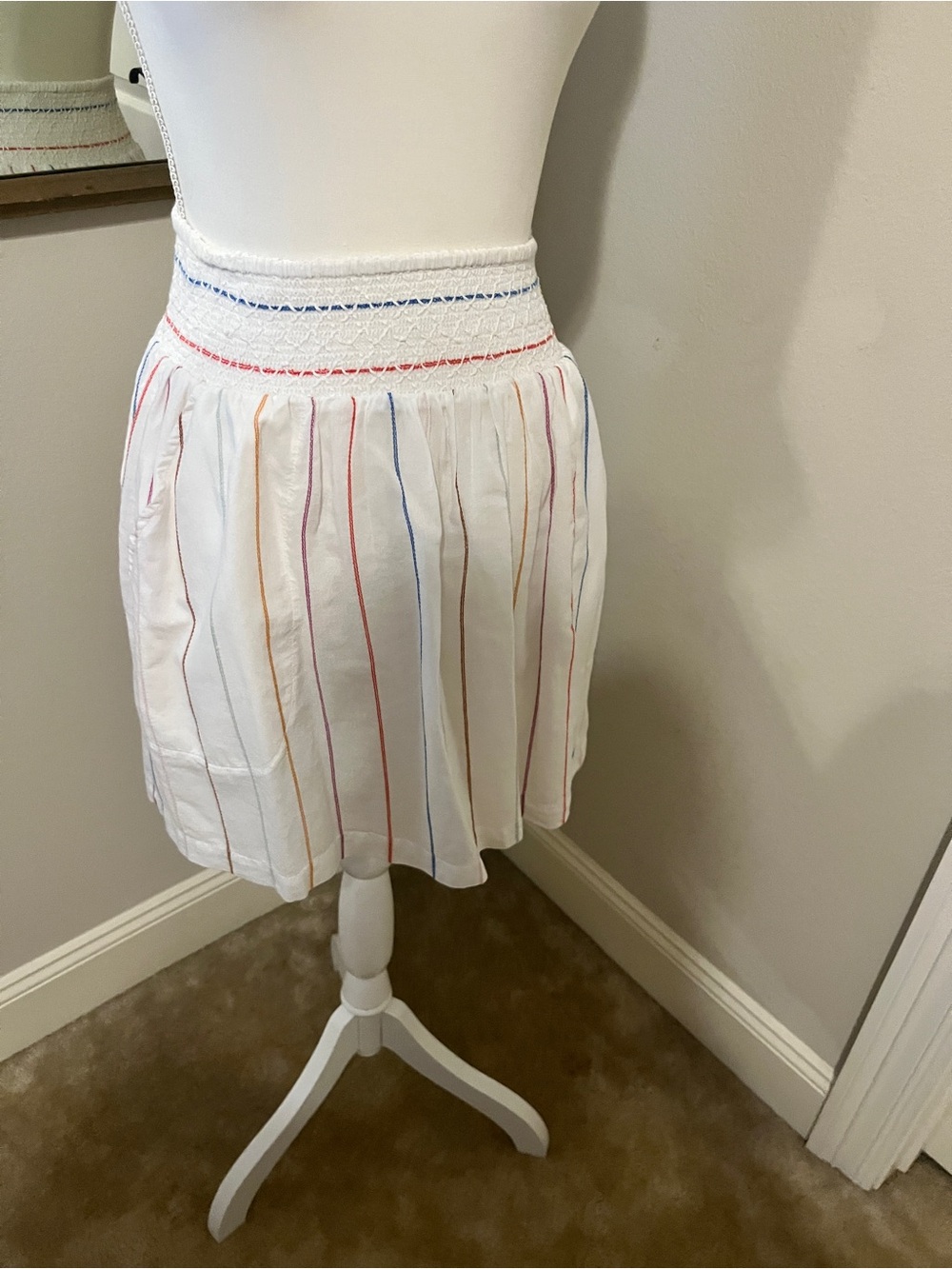 Lilla P White Mini Skirt with Multicolor Pinstripes and Smocked Waistband